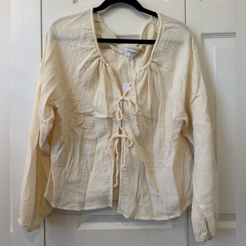 Mia Tie Front Long Sleeve Top - Cream (Anniewear)